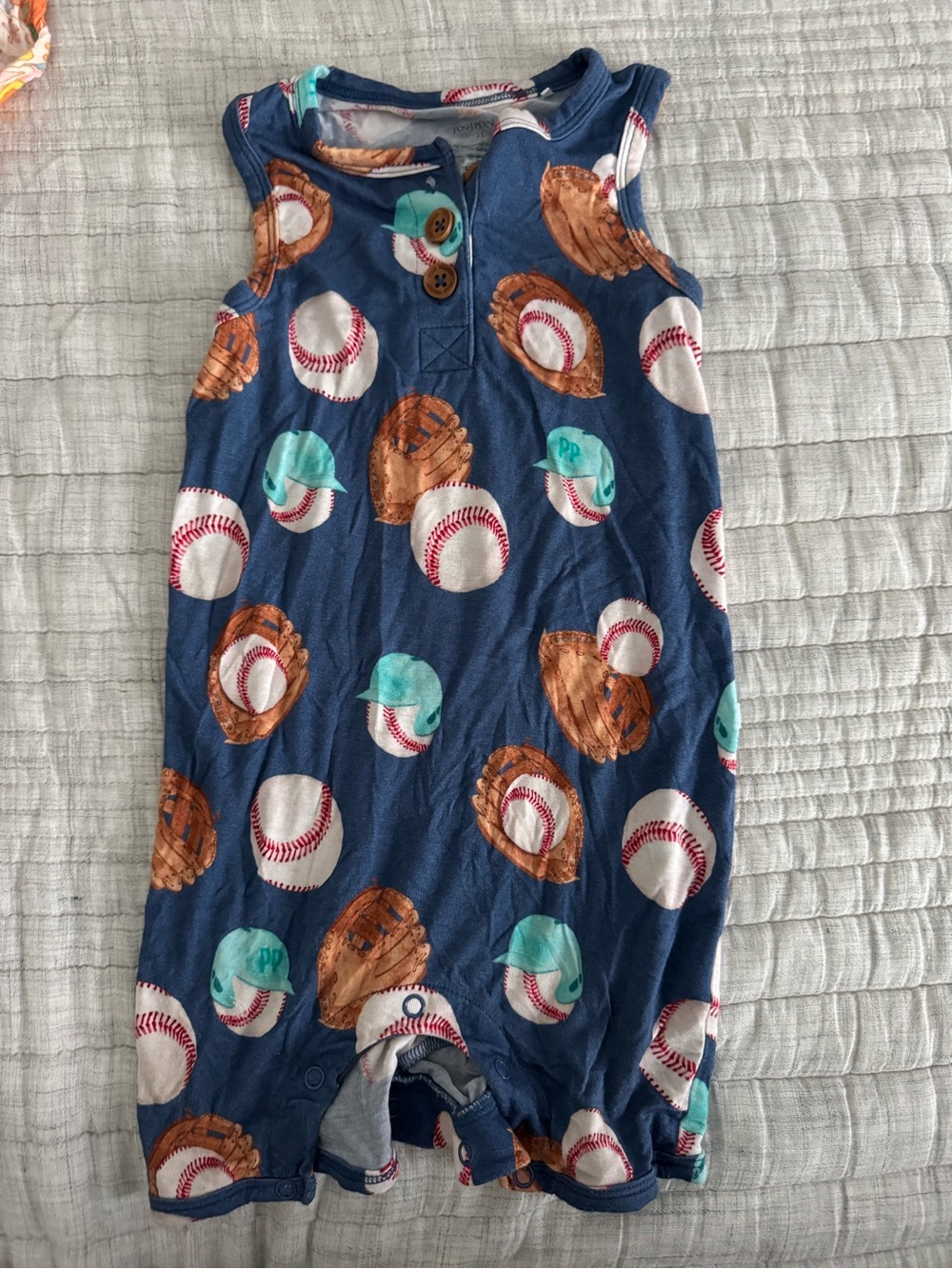 Posh Peanut Navy Baseball Print Sleeveless Romper